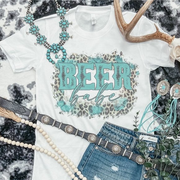 TURQUOISE LEOPARD BEER BABE Handmade Graphic Tee - Picture 2 of 2